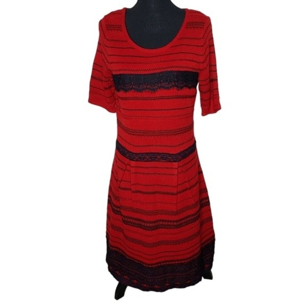 Women L/XL Cottagecore Fairy Retro Preppy Pop Of Red Lacy Holiday Sweater Dress
